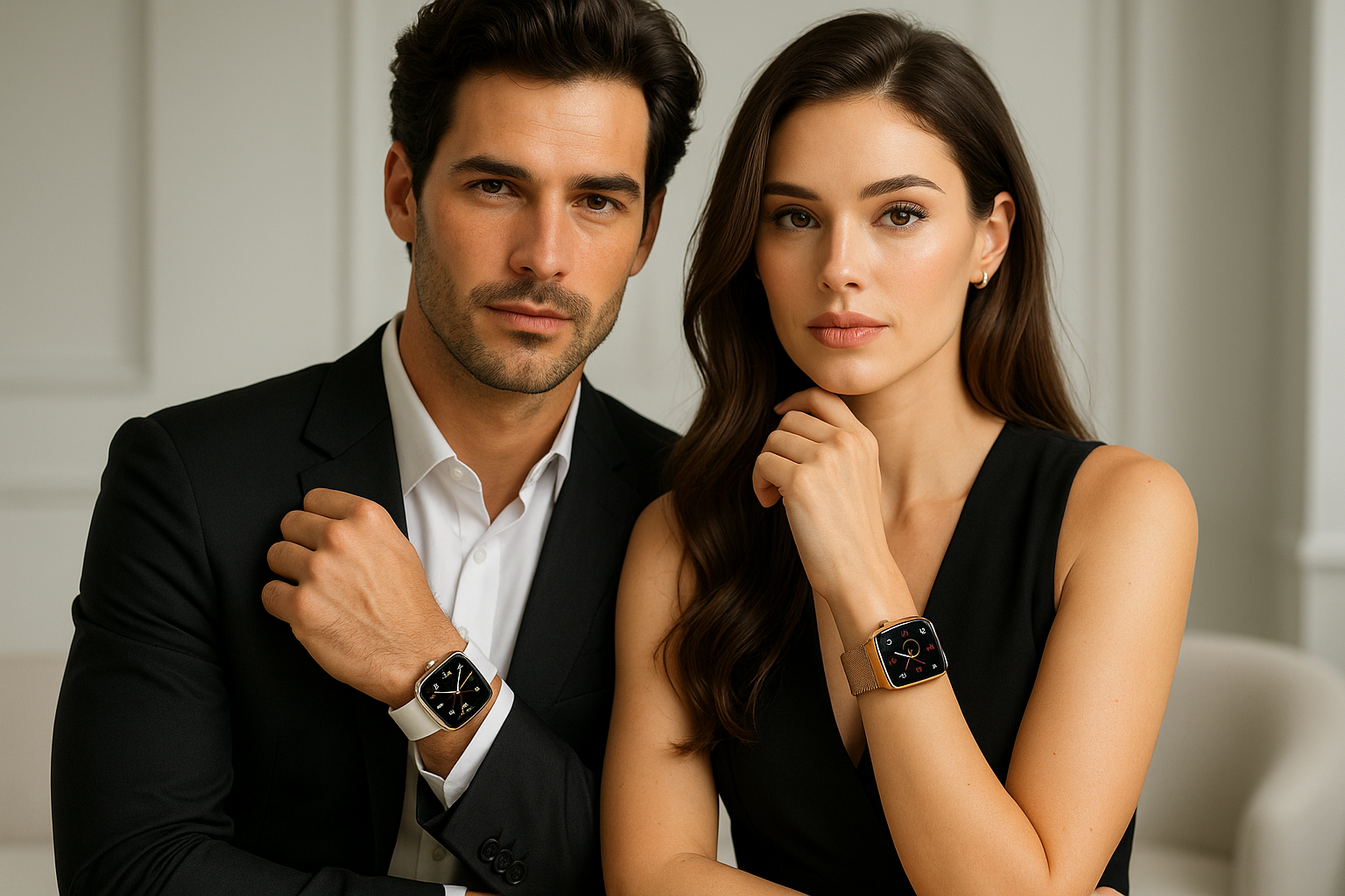UN HOMME TRES BEAU AVEC UNE TRES BELLE FEMME QUI MET EN VALEUR LEUR MONTRE APPLE WATCH