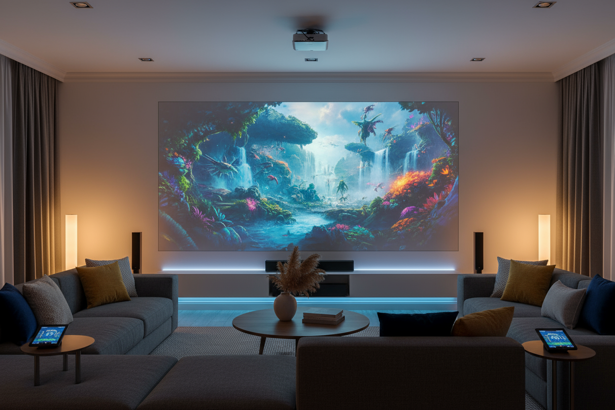 inspire toi de ce texte sans mettre de mini projecteur: Transformez n’importe quel espace en véritable salle de cinéma.
Compacte, lumineuse et connectée, la LumoBox redéfinit l’expérience de projection : une image nette, fluide et immersive — partout, à tout moment.