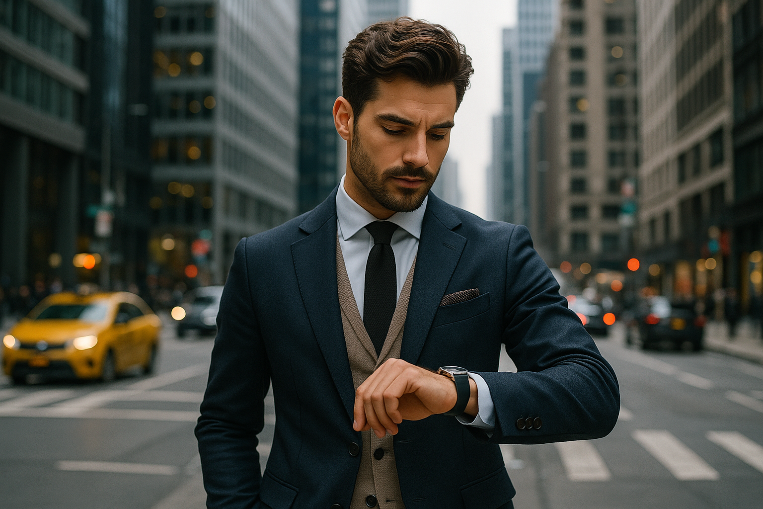 UN BEAU HOMME EN VILLE URBAINE QUI REGARDE SA MONTRE